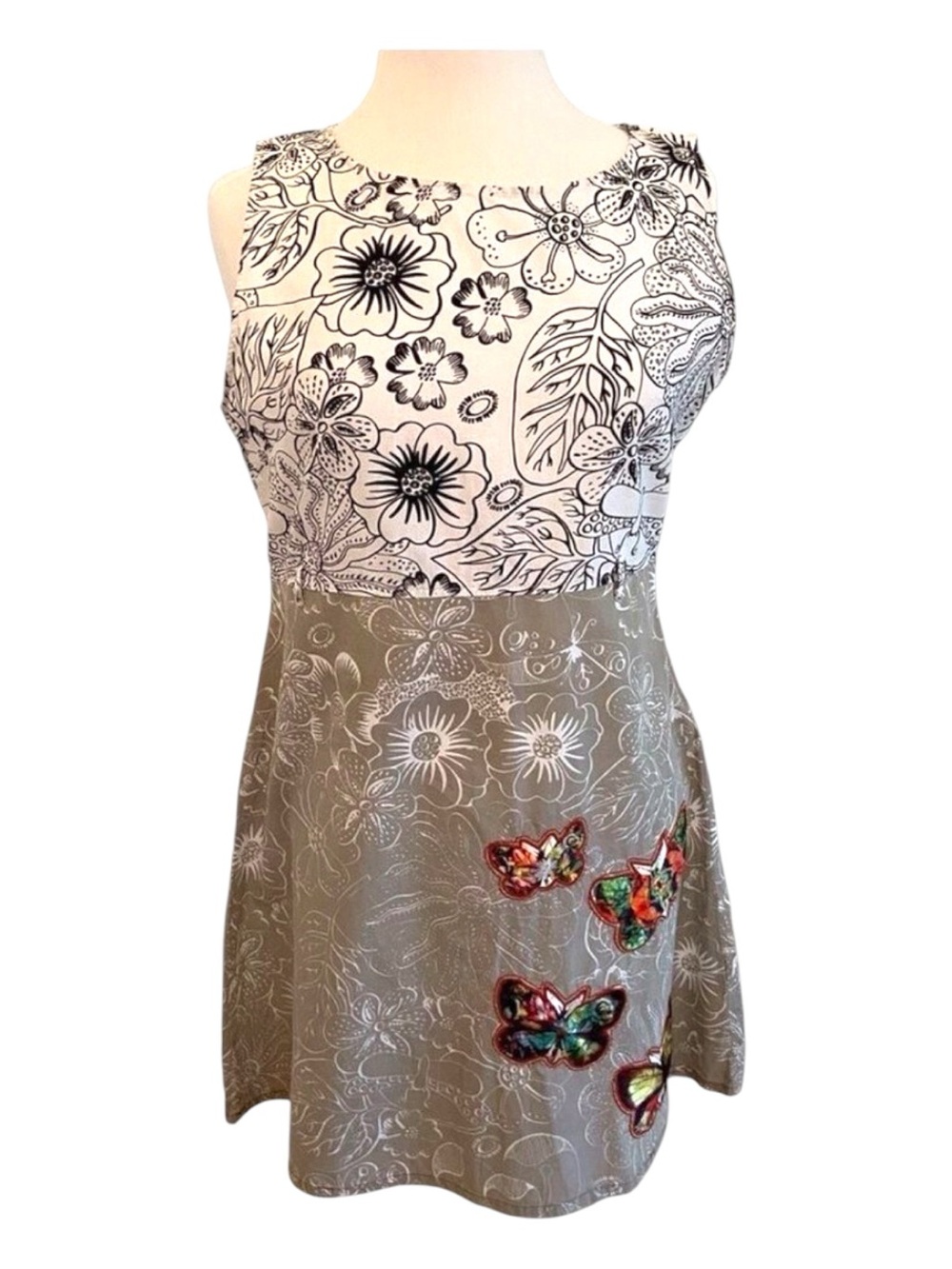 Smash sheath dress white tan beige butterflies color block sleeveless size XL